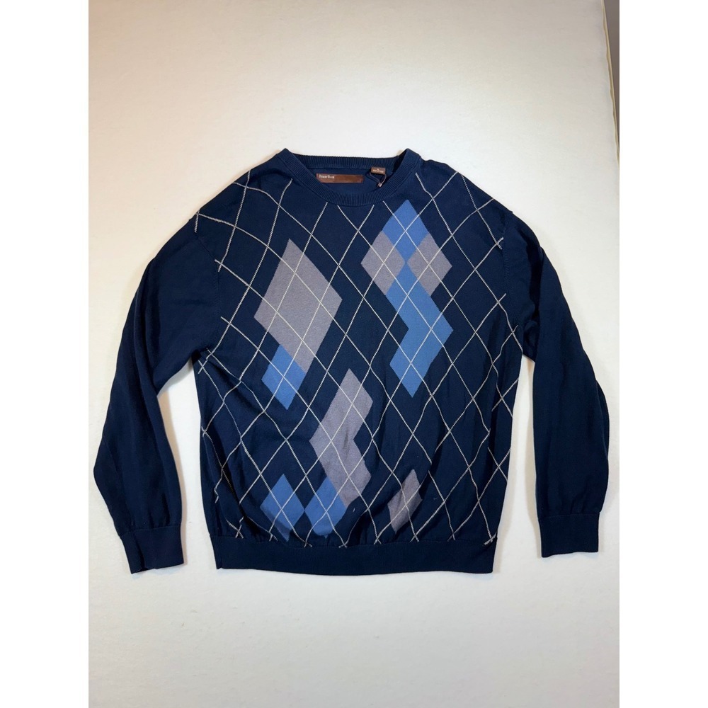 Perry Ellis Mens XL Sweater Blue Argyle Long Sleeve Cotton Blend Pullover